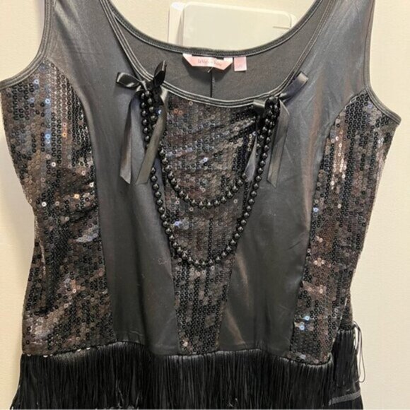 La Vie En Rose Black Sequin Fringe Scoop Neck Mini Slip Dress Large Whimsy Goth - Picture 5 of 12